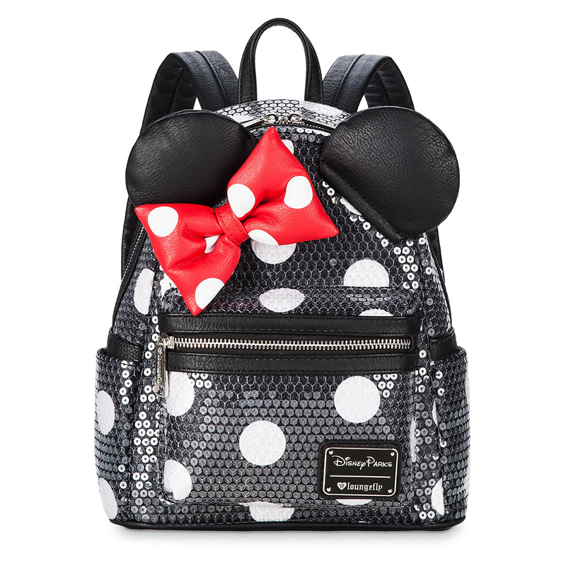 Disney Parks Loungefly Mini Backpack - Minnie Mouse Bow - Black Polka-Dot with Sequin
