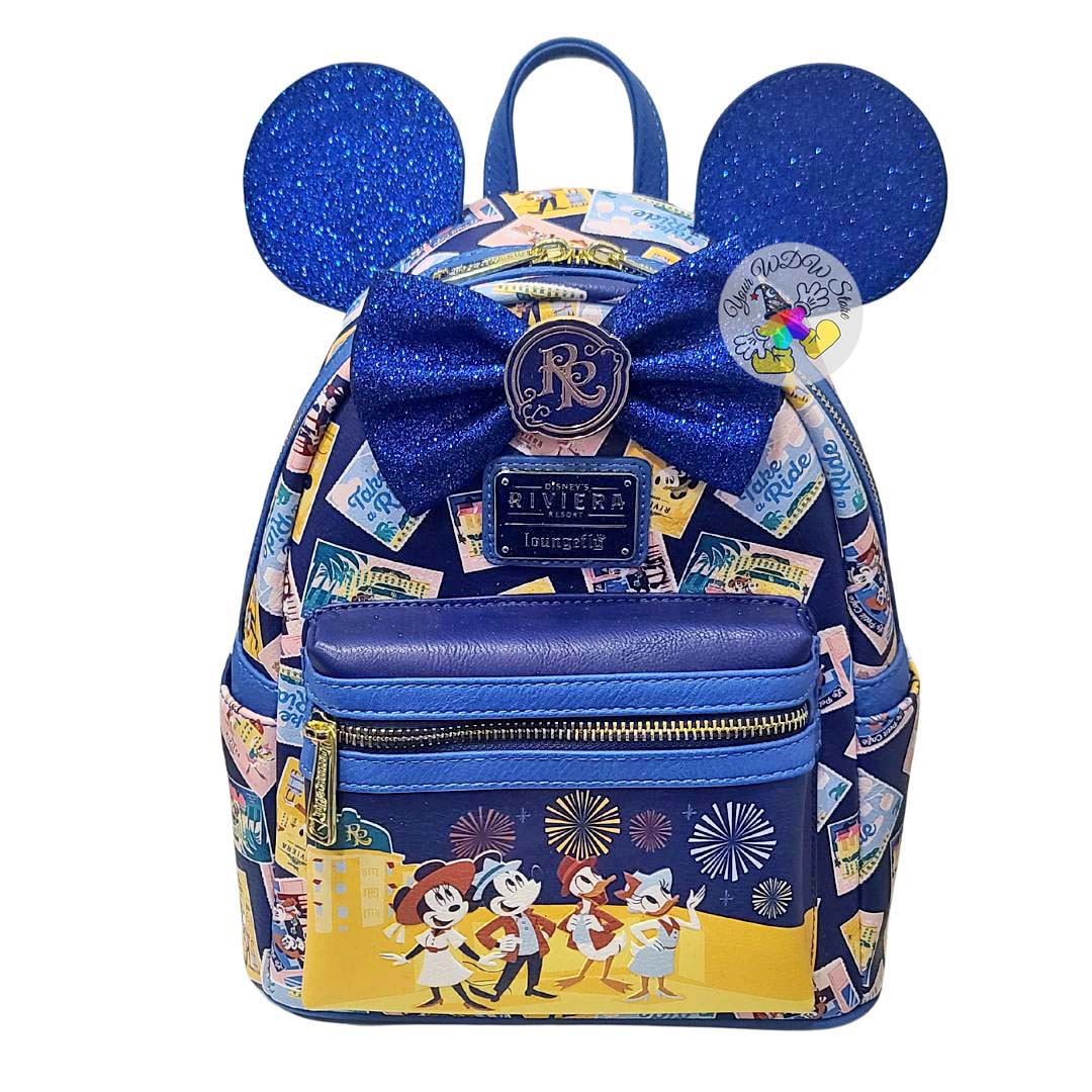 Disney Parks Loungefly Mini Backpack - Riviera Resort Travel Postcards and Blue Glitter