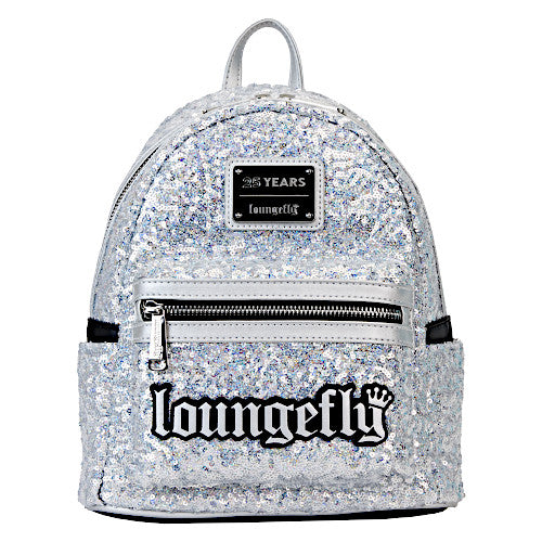 Loungefly 25th Anniversary Logo Holographic Silver Sequin Mini Backpack