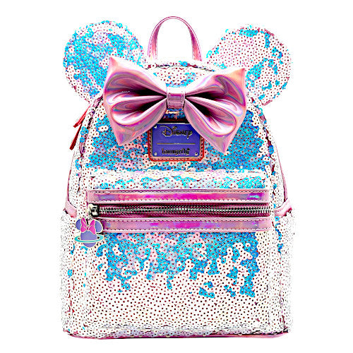 Loungefly Disney LASR Planet Minnie Mouse UV Reactive Pink Iridescent Sequin Mini Backpack