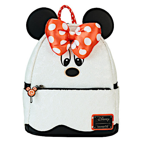 Loungefly Halloween Minnie Mouse In Ghost Costume Sequin Glow Mini Backpack