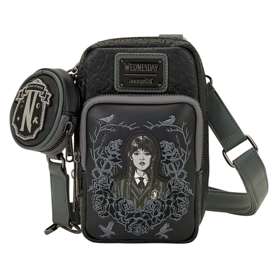 Loungefly MGM Wednesday Black Roses Cell Phone Crossbody Bag with Coin