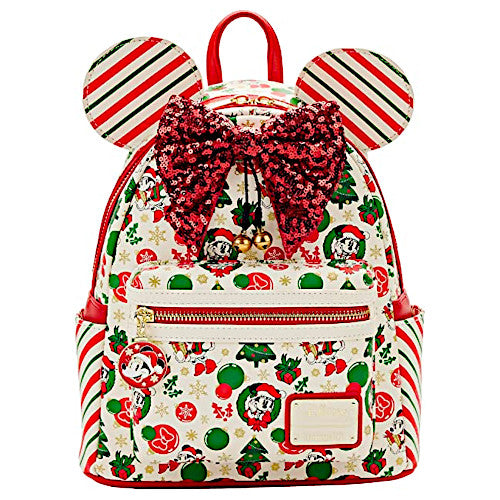 Loungefly Minnie Mouse Christmas Sequin Bow AOP Mini Backpack