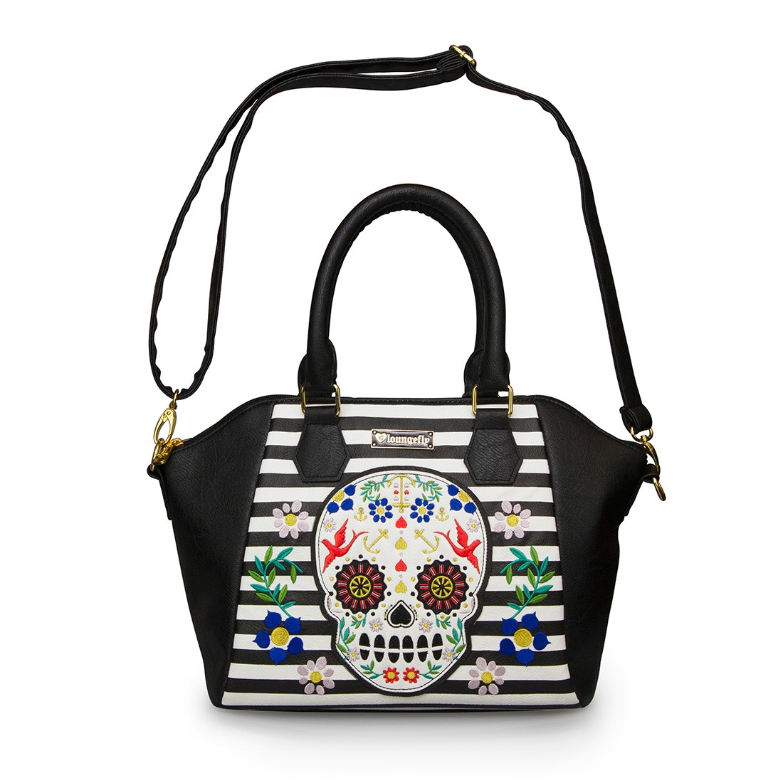 Loungefly Sugar Skull Stripes With Flowers Crossbody Bag